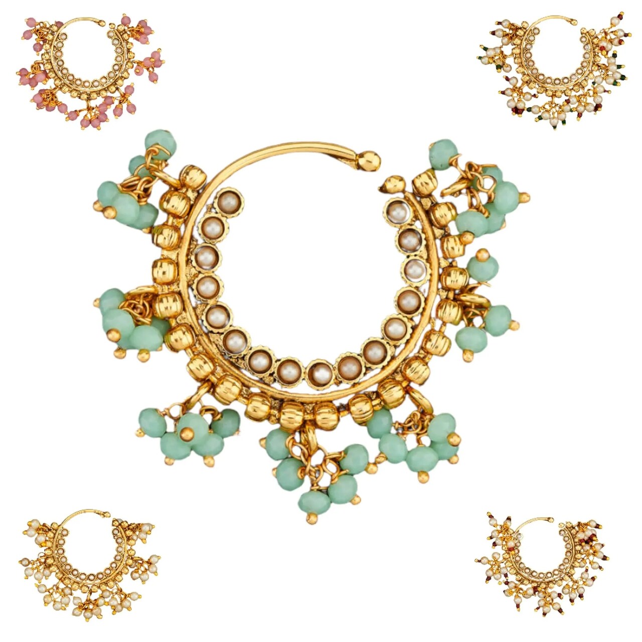 Indian Marathi Nath for Women - Indian Golden Pressing Moon Marathi Nose Ring Indian Jewelry Clip-On Marathi Bridal Nathani Bollywood Faux Pearl Non-Piercing Jewelry for Women Gift For Her